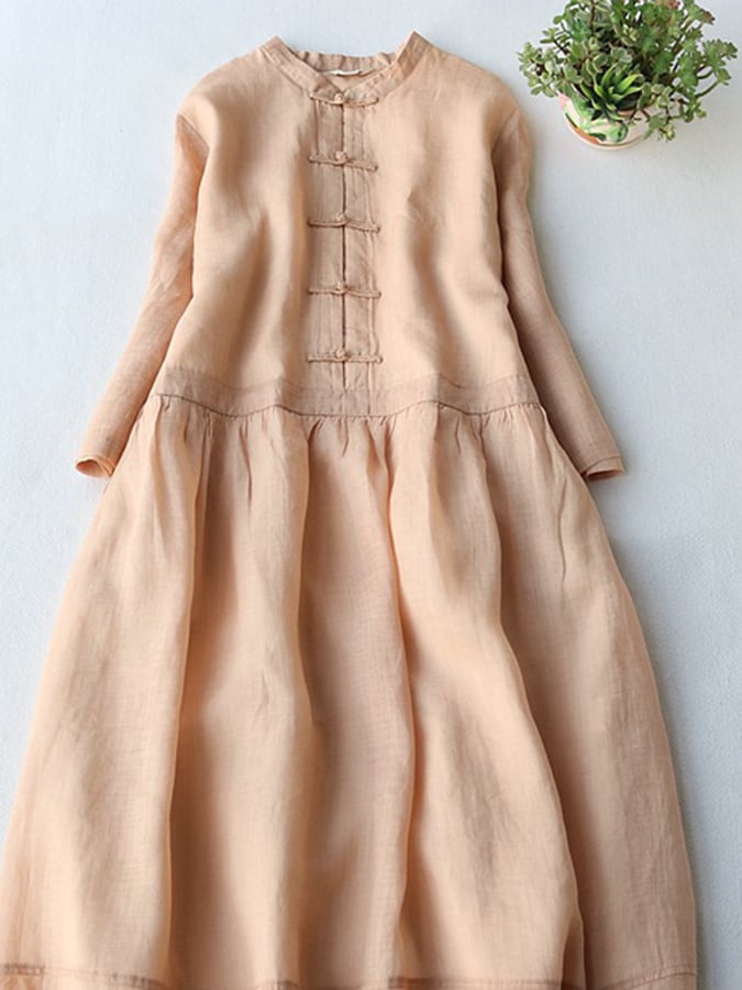 Cotton And Linen Standing Collar Retro Button Up Solid Color Loose Dress