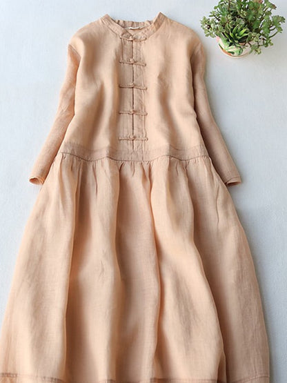 Cotton And Linen Standing Collar Retro Button Up Solid Color Loose Dress