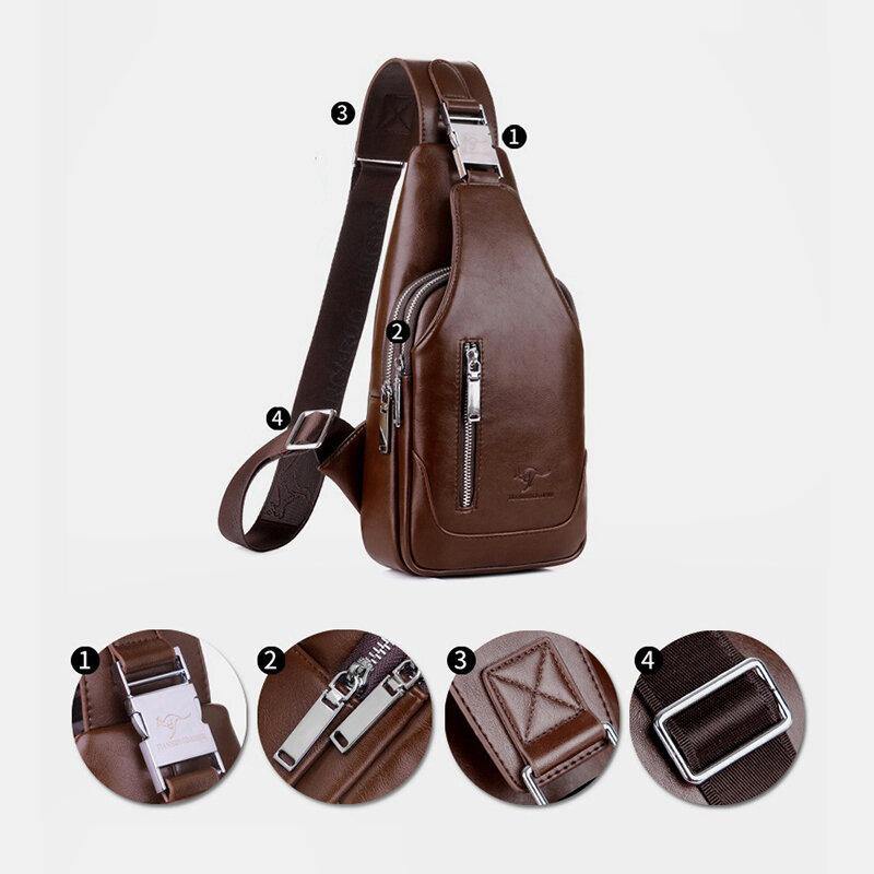 lovevop Men PU Leather Business Casual Outdoor Waterproof Multi-carry Shoulder Bag Crossbody Bag Chest Bag With USB Charging