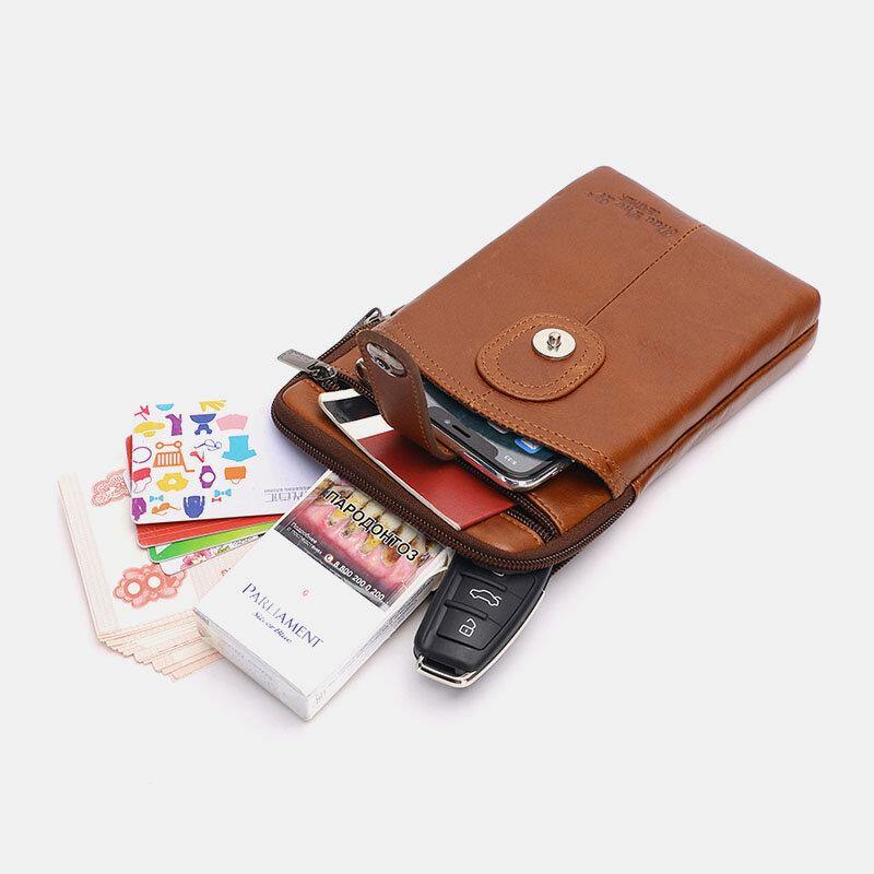 lovevop Men Genuine Leather Vintage Multifunctional 6.5 Inch Zipper Hasp Phone Bag Crossbody Bag Waist Bag