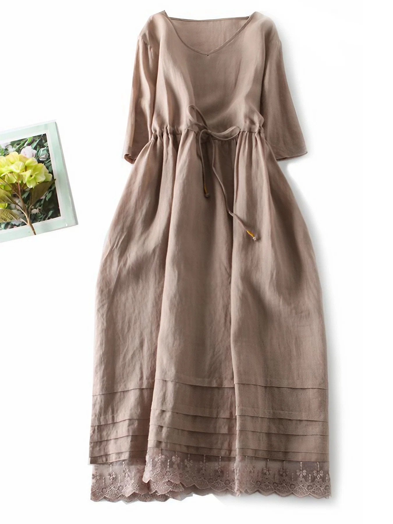 Lovevop Cotton And Linen Lace Up Round Neck Loose Dress