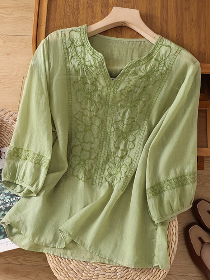 Lovevop Embroidered V-Neck Temperament Ladies Casual Shirt