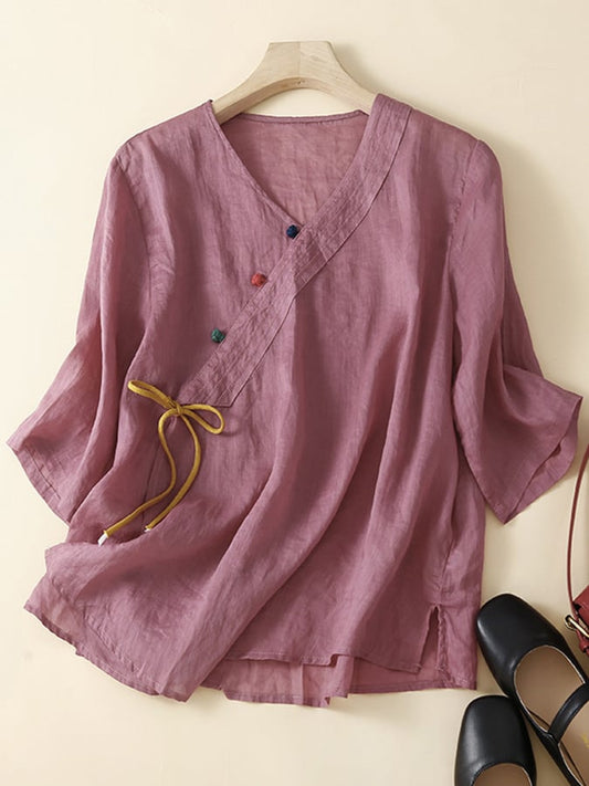 Lovevop Vintage Casual Buckle Pleated V-Neck Shirt