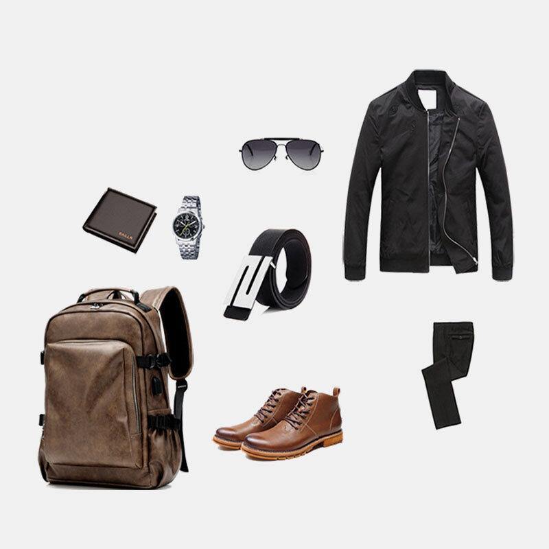 lovevop Men PU Leather USB Charging Business Casual Waterproof 14 Inch Laptop Bag Student School Bag Adjustable Backpack