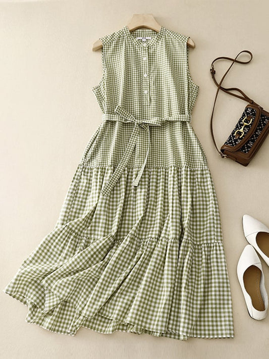 Lovevop Comfortable Thin Plaid Lace Up Sleeveless Dress