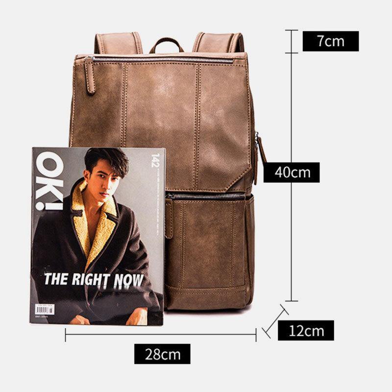 lovevop Men PU Leather Retro Business Casual Style Large Capacity 14 Inch Laptop Bag Student School Bag Travel Backpack