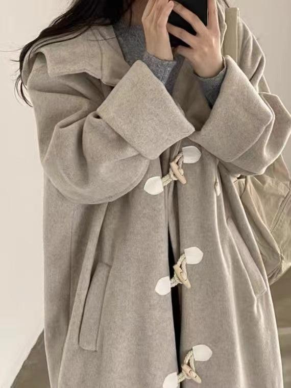 lovevop Loose Horn Button Hooded Long Woolen Coat