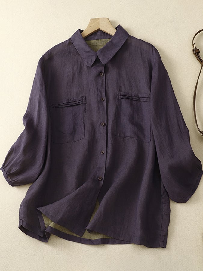Lovevop Vintage Art Loose 3/4 Sleeve Solid Color Shirt