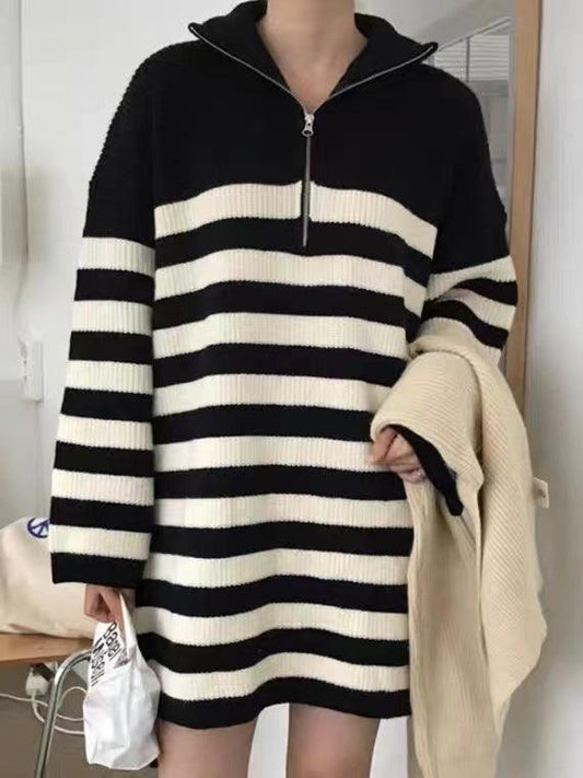 lovevop Vintage Half-Zip Striped Loose Long-Sleeve Knit Dress