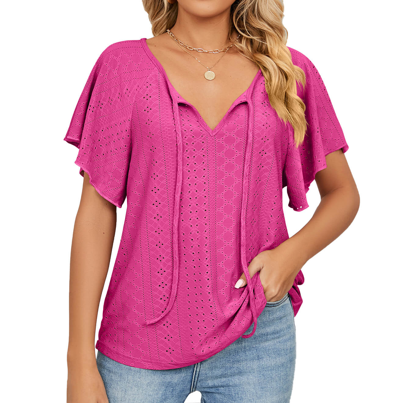 Women's solid colour V-neck lace-up loose t-shirt