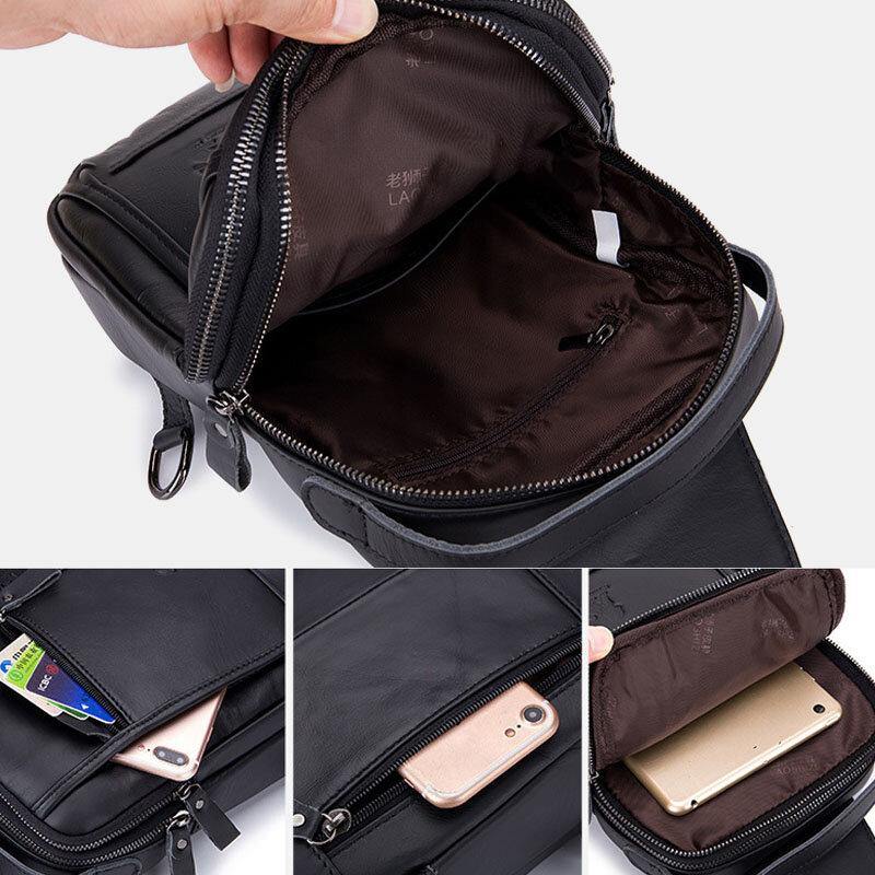 lovevop Men Genuine Leather Retro Business Casual Solid Color Leather Shoulder Bag Crossbody Bag Chest Bag