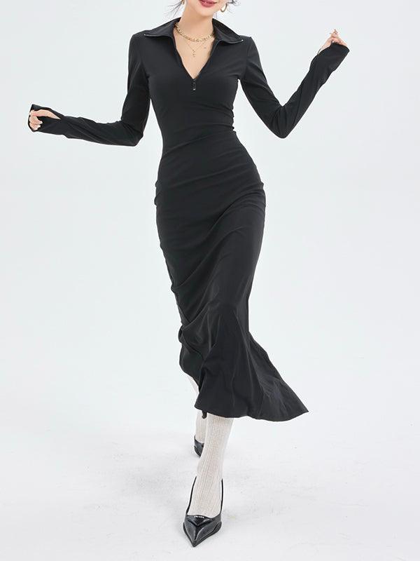 lovevop Fashionable Black Knitted Long-sleeve Bottoming Slit Dress