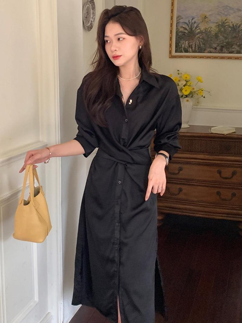 lovevop Lapel Cross-Tie Balloon Sleeve Shirt Dress