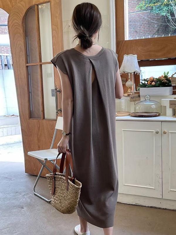 lovevop Simple Round-neck Open Back Hollow Sleeveless Dress