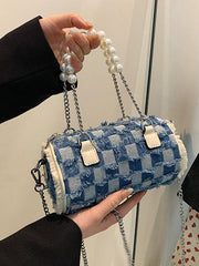 lovevop Stylish Pearl Chain Panel Denim Bag