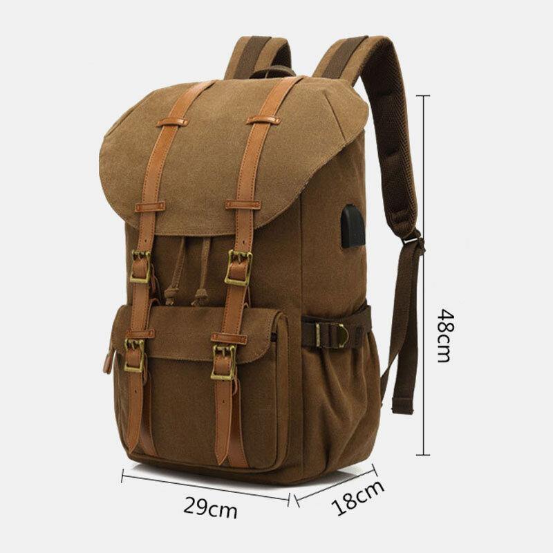 lovevop Men Genuine Leather And Canvas USB Charging Retro Travel Outdoor Large Capacity Backpack