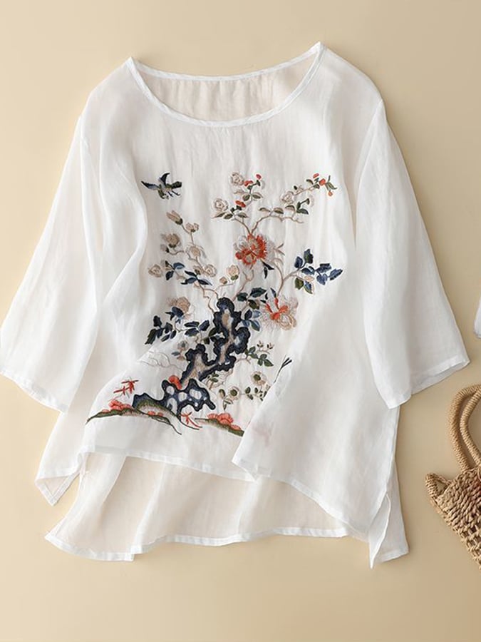 Lovevop Cotton Embroidered Loose Round Neck Quarter Sleeve Slimming Shirt