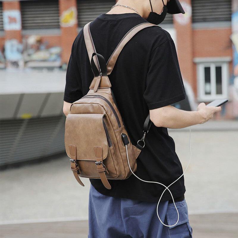 lovevop Men Retro Earphone Hole Multi-carry USB Charging Multi-Layers Waterproof Crossbody Bag Chest Bag Sling Bag