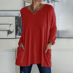 Round Neck Long Sleeve Pocket Solid T-Shirt