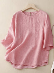 Lovevop Cotton Solid Color Round Neck Loose Casual Top