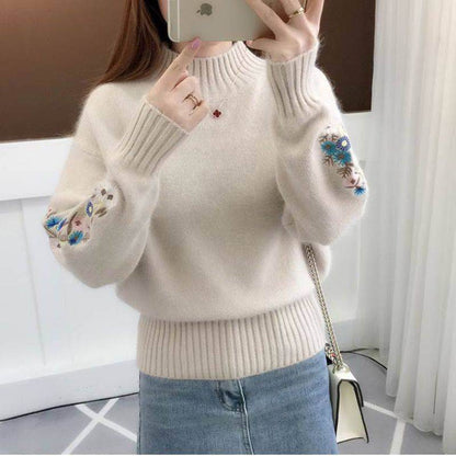 Knitted Floral Embroidery Thick Sweater