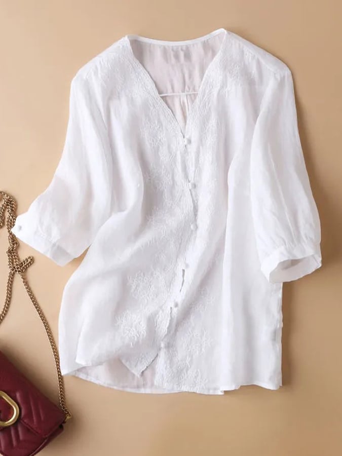 Lovevop Cotton Embroidered V-Neck 3/4 Sleeve Loose Shirt