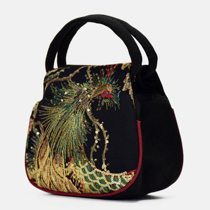 lovevop Women Canvas Ethnic Style Embroidery Peacock Pattern Casual Elegant Mini Ladies Handbag