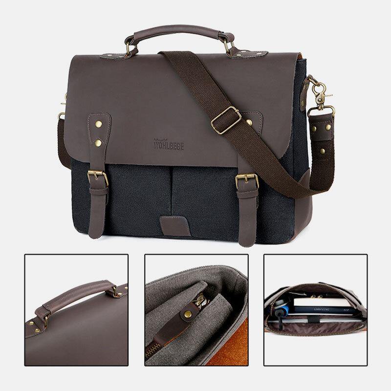 lovevop Men Canvas Large Capacity Cover Zipper Vintage Business Messenger Bag Laptop Bag Crossbody Bag Handbag