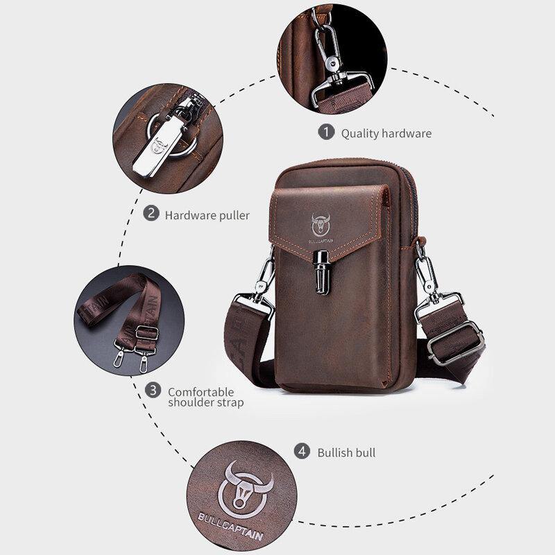 lovevop Men Genuine Leather Large Capacity Vintage 6.5 Inch Phone Bag Waist Bag Shoulder Bag Crossbody Bag