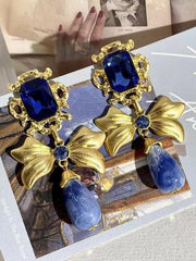 lovevop Bow Knot Rhinestone Handmade Blue Glass Earrings