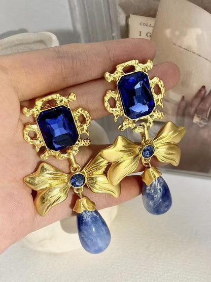 lovevop Bow Knot Rhinestone Handmade Blue Glass Earrings