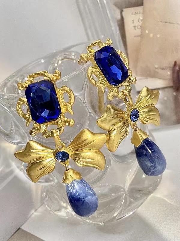 lovevop Bow Knot Rhinestone Handmade Blue Glass Earrings