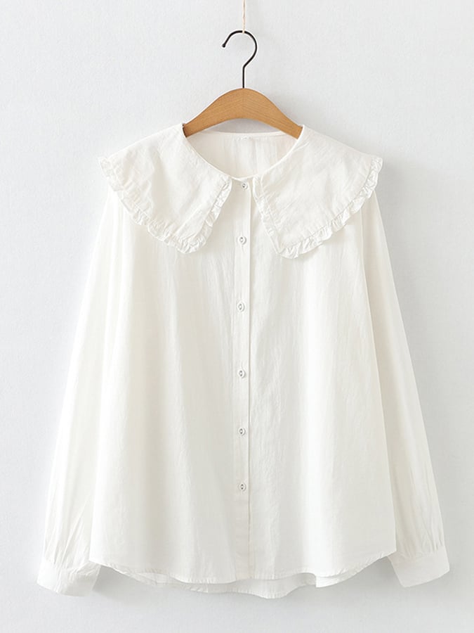 Lovevop Simple Solid Color Patchwork Peter Pan Neck Loose Shirt