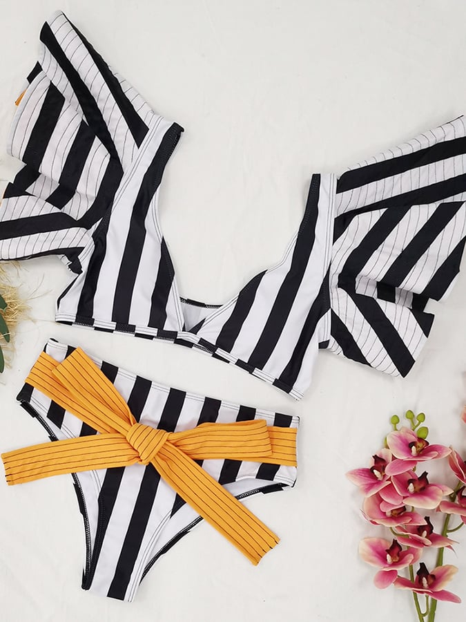 High Waisted Ruffled Strap Striped Split Swimsuit