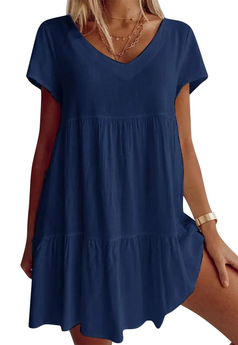 V-neck casual short-sleeved woven dress-Buy 2 Free Shipping