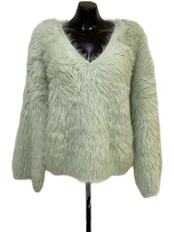 lovevop V-neck Faux Mink Fleece Pullover Knitted Top