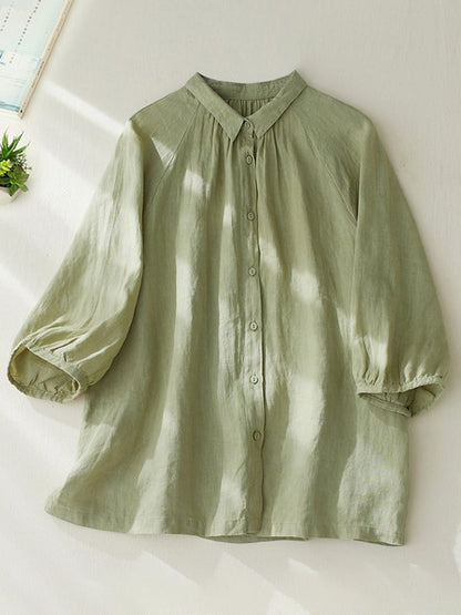 Lovevop Cotton Solid Color Raglan Sleeves Loose Shirt