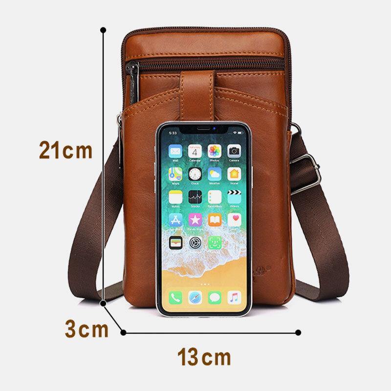 lovevop Men Genuine Leather Vintage Multifunctional 6.5 Inch Zipper Hasp Phone Bag Crossbody Bag Waist Bag