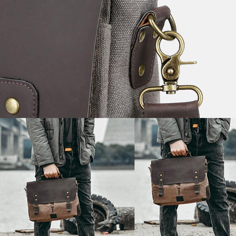 lovevop Men Canvas Large Capacity Cover Zipper Vintage Business Messenger Bag Laptop Bag Crossbody Bag Handbag