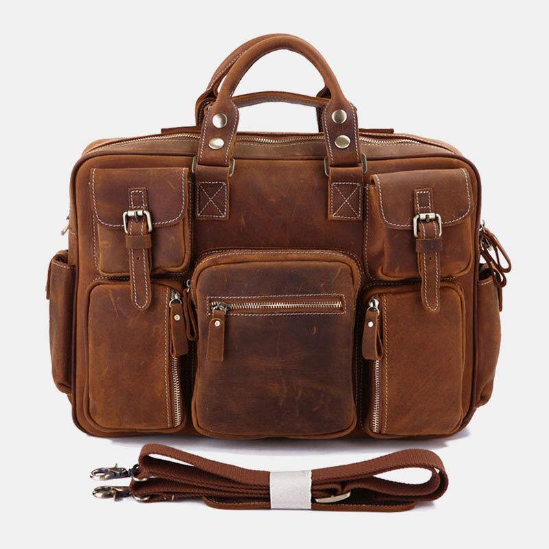 lovevop Men Genuine Leather Detachable Strap Large Multi-Pocket 15.6 Inch Laptop Bag Briefcase Messenger Bag Crossbody Bags