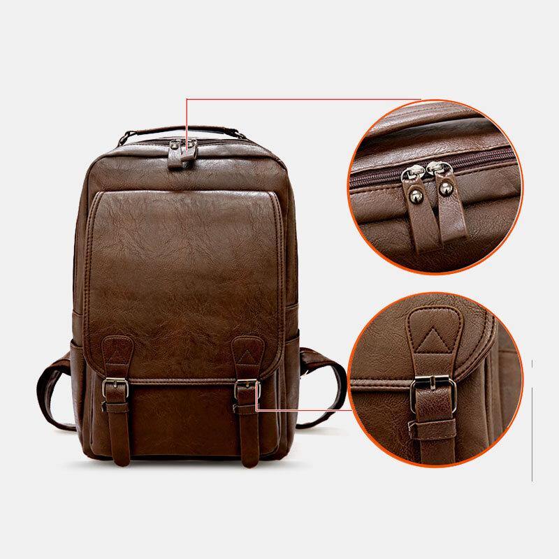 lovevop Men PU Leather Vintage Business Waterproof Wear-Resistant Large Capacity 15.6 Inch Laptop Bag Backpack