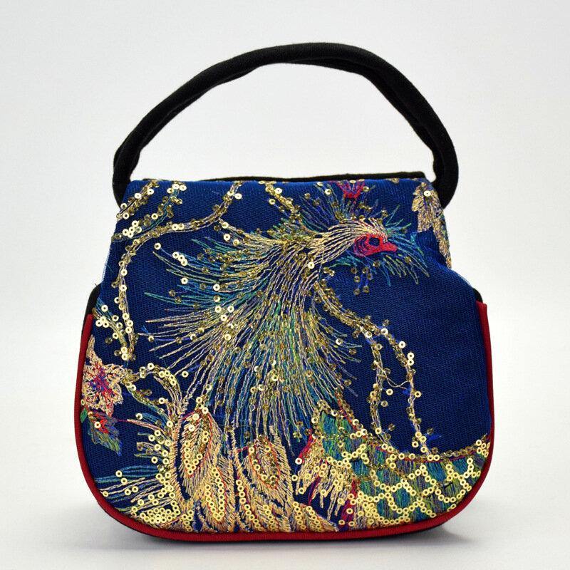 lovevop Women Canvas Ethnic Style Embroidery Peacock Pattern Casual Elegant Mini Ladies Handbag