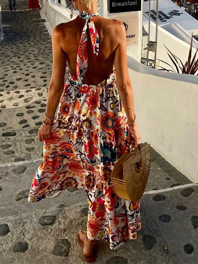 Women's Sleeveless Printed V-Neck Resort Dress