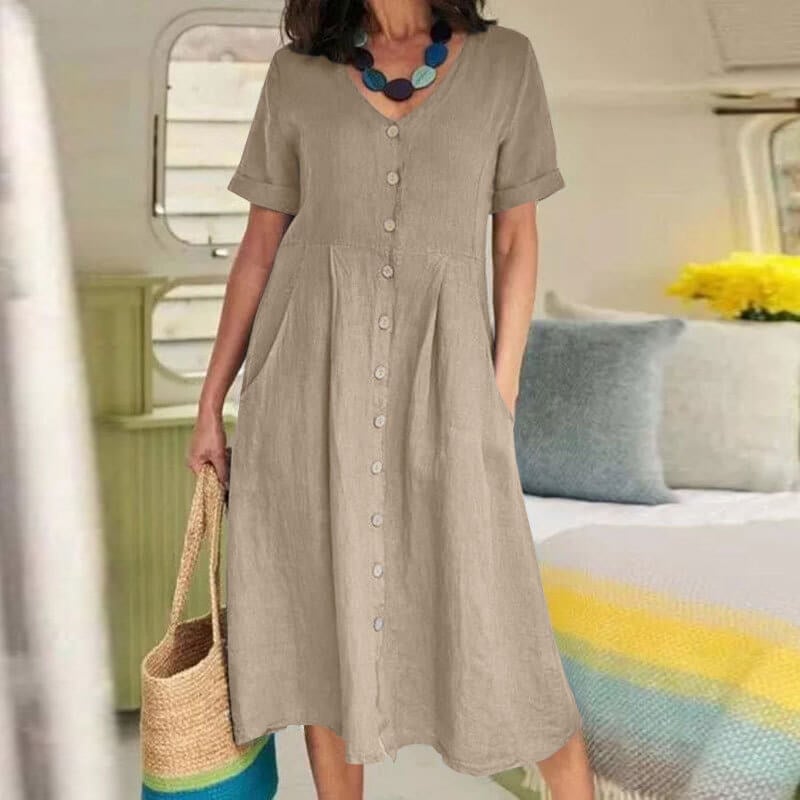 Solid colour loose high waist cotton linen dress