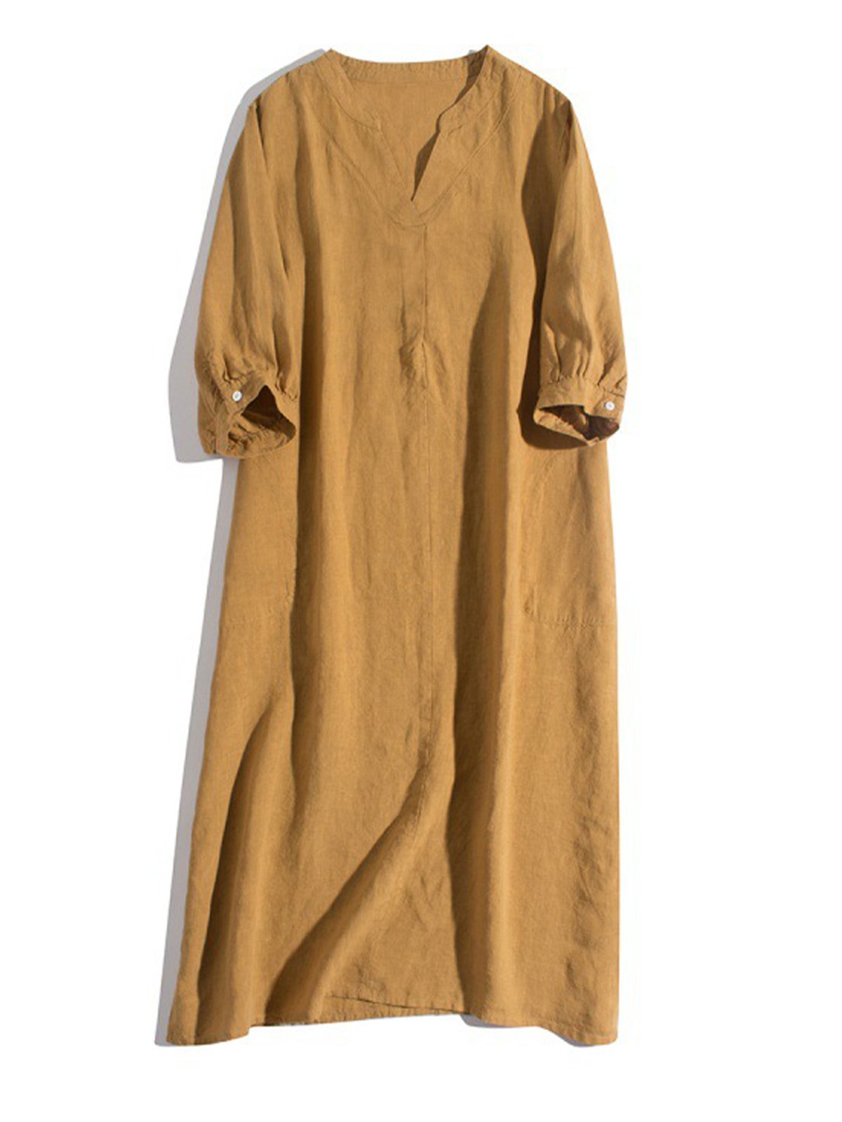 Lovevop Damen Literarisches Retro-Kleid mit V-Ausschnitt, einfarbig, lockeres Kleid 