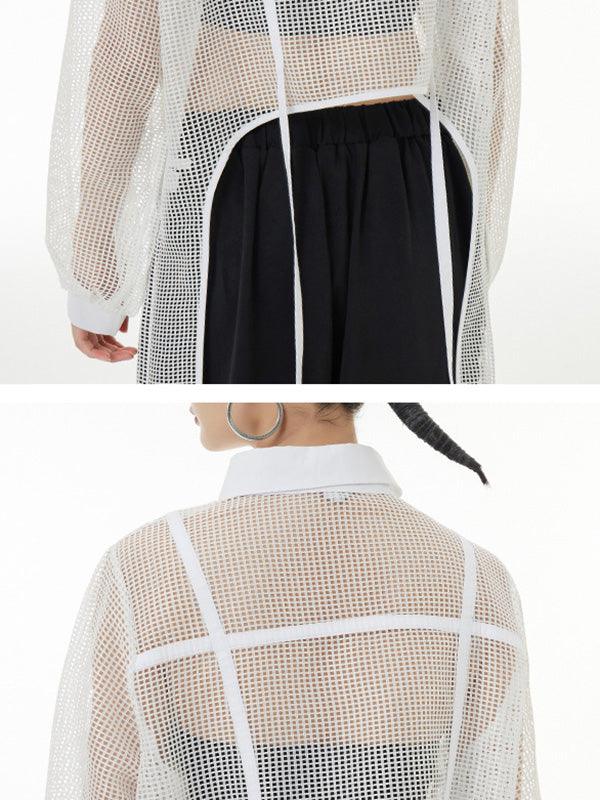 lovevop Stylish Long Sleeves Loose Mesh See-Through Sun Protection Blouses&Shirts Tops