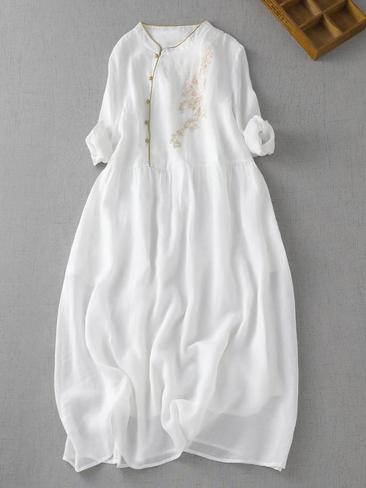 Lovevop Artistic Retro Standing Neck Embroidered Dress