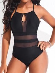 Solid Mesh Stitching Sexy Hollow Out Hanging Neck One Piece Swimsuit