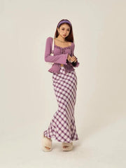 lovevop Vintage 3 Color Plaid Y2K Long Skirt