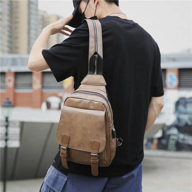 lovevop Men Retro Earphone Hole Multi-carry USB Charging Multi-Layers Waterproof Crossbody Bag Chest Bag Sling Bag